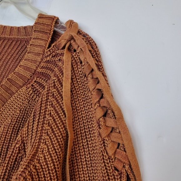 Braided Shoulder Sweater Split Cuff 100% Cotton Rust Brown EUC! Sz M - Picture 5 of 13